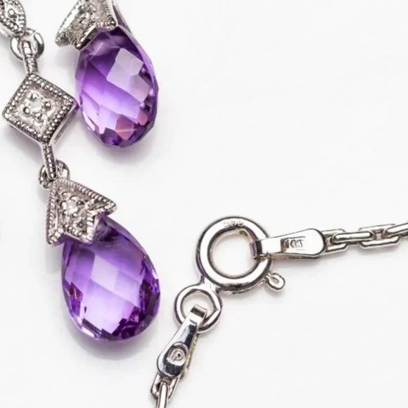 14K White Gold Amethyst Chandelier Necklace With Diamond Accents